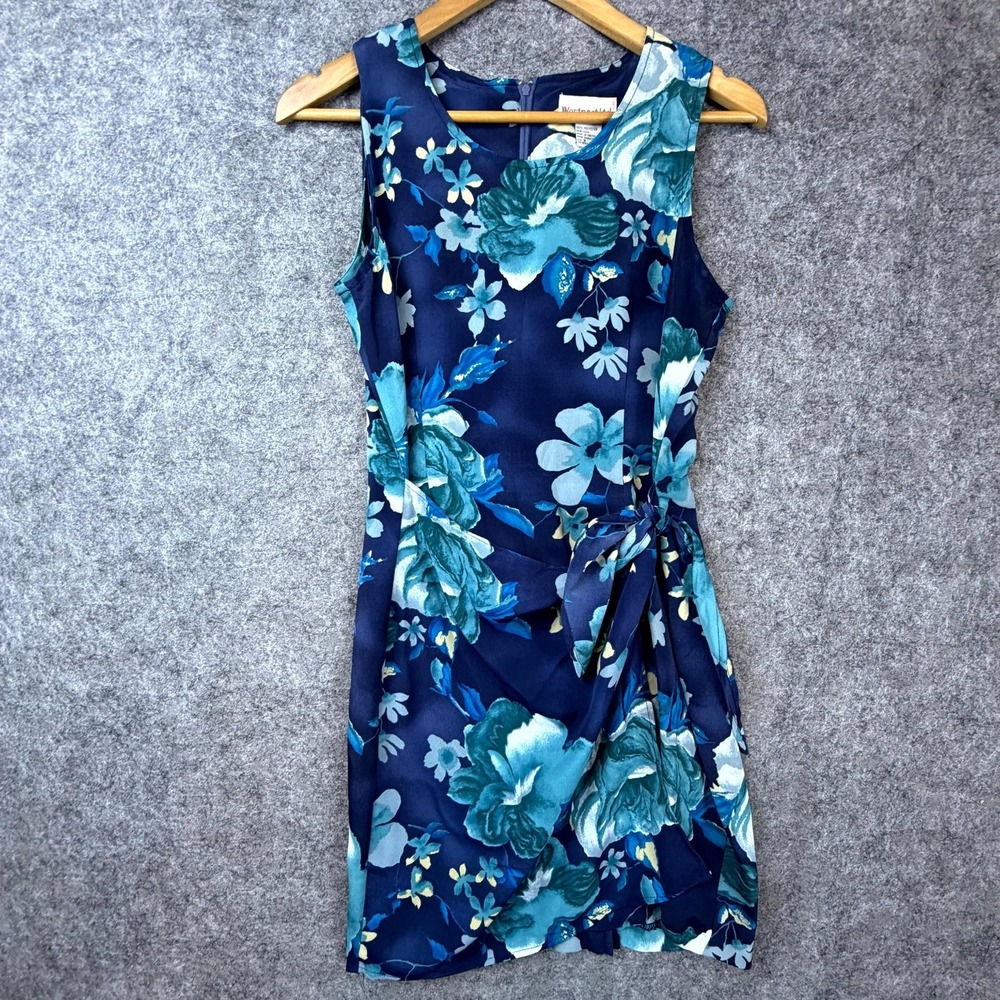 Vintage Westport Ltd Sheath Dress Womens 8 Blue‎ Teal Floral Wrap Tie Waist